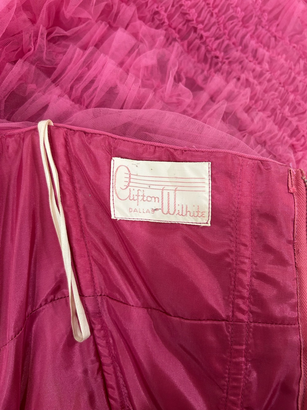 Clifton Wilhite Vintage 1960’s Pink Ruffled Tulle Strapless Midi Dress - Picture 9 of 11